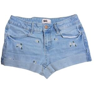 SO  Denim Shorts Youth Girls 12 Blue Rolled Hem Embroidered Floral Stretch Boho
